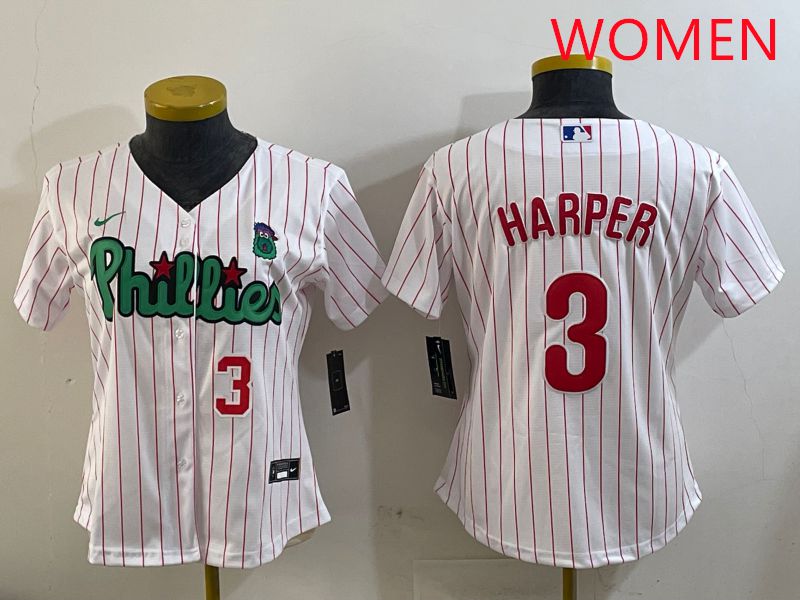 Women Philadelphia Phillies 3 Harper White Stripe Second generation joint name 2025 Nike MLB Jersey style 3